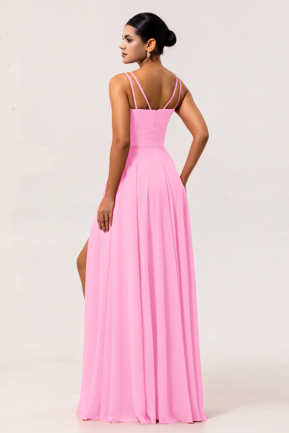 Chiffon A Line Hot Pink Maxi Wedding Guest Dress with Slit
