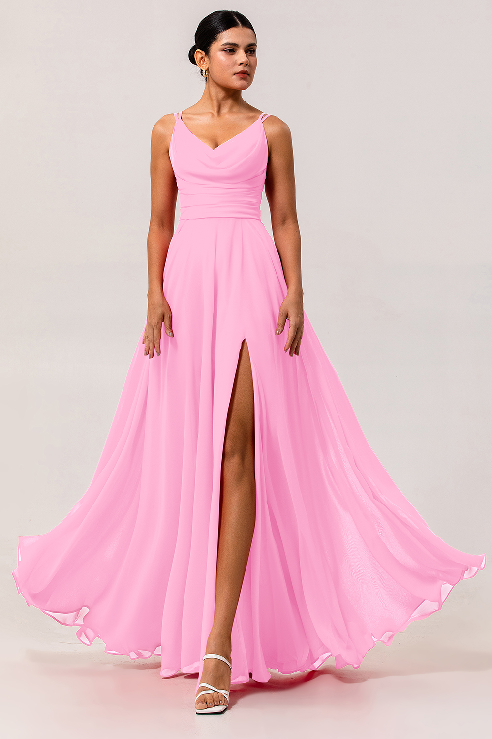 Chiffon A Line Hot Pink Maxi Wedding Guest Dress with Slit