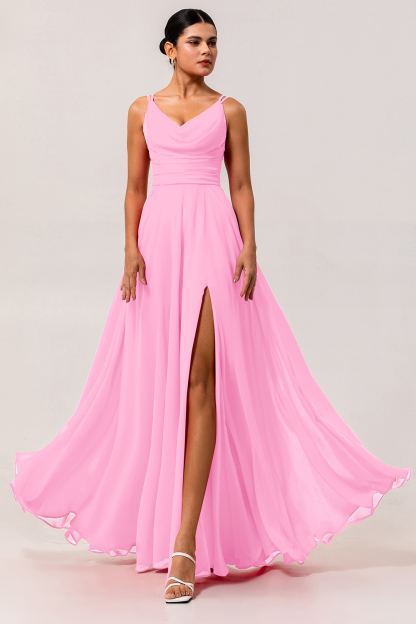 Chiffon A Line Hot Pink Maxi Wedding Guest Dress with Slit