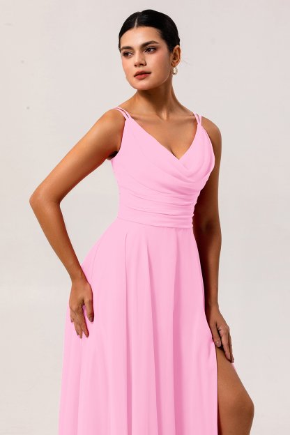 Chiffon A Line Hot Pink Maxi Wedding Guest Dress with Slit