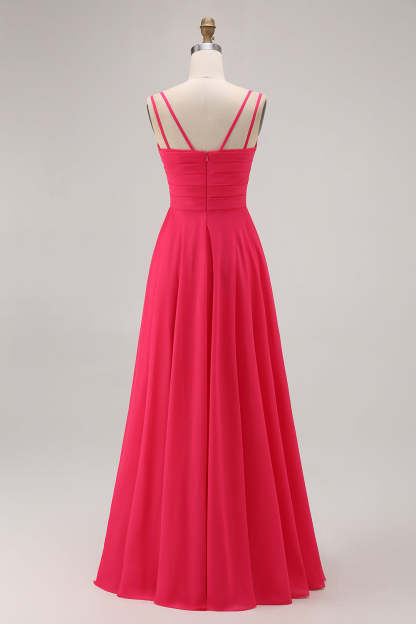 Chiffon A Line Hot Pink Maxi Wedding Guest Dress with Slit