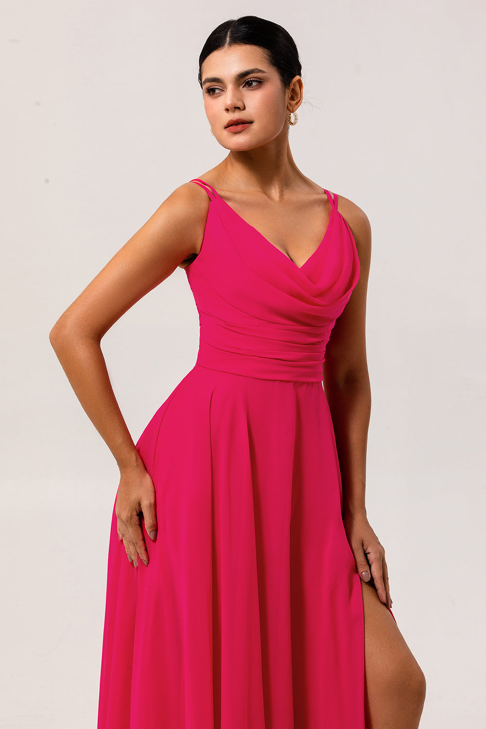 Chiffon A Line Hot Pink Maxi Wedding Guest Dress with Slit