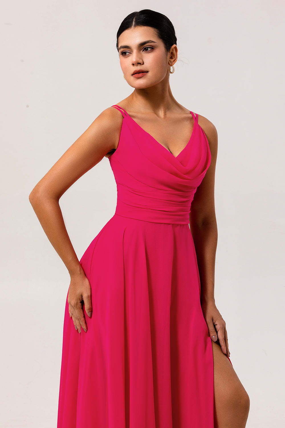 Chiffon A Line Hot Pink Maxi Wedding Guest Dress with Slit