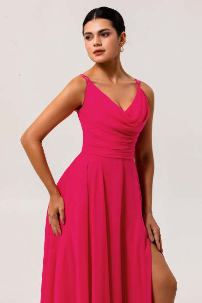 Chiffon A Line Hot Pink Maxi Wedding Guest Dress with Slit
