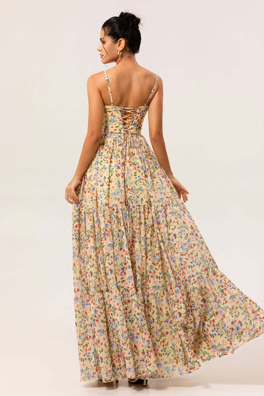 Yellow Chiffon Floral Spaghetti Straps Long Bridesmaid Dress with Slit