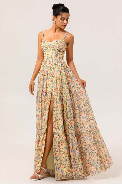 Yellow Chiffon Floral Spaghetti Straps Long Bridesmaid Dress with Slit