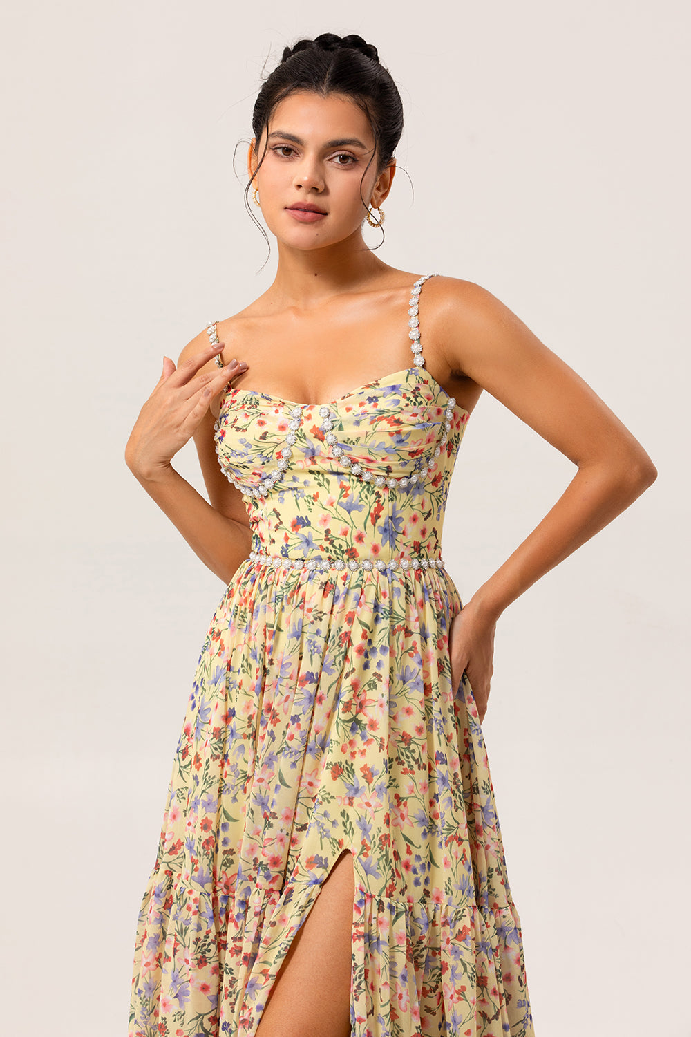 Yellow Chiffon Floral Spaghetti Straps Long Bridesmaid Dress with Slit