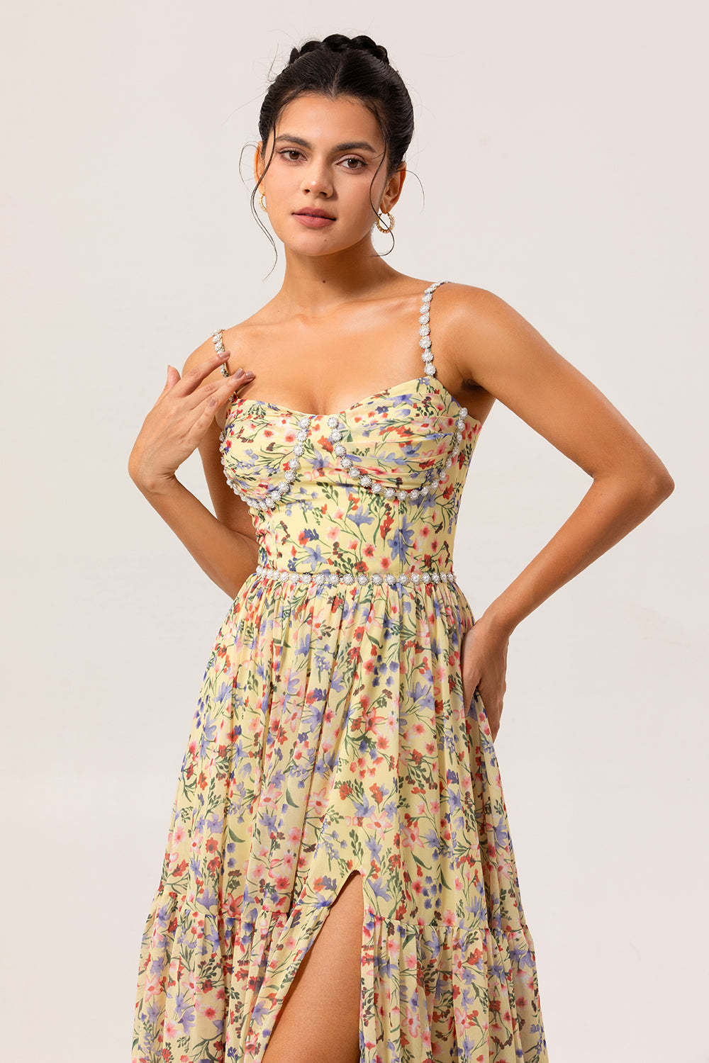 Yellow Chiffon Floral Spaghetti Straps Long Bridesmaid Dress with Slit