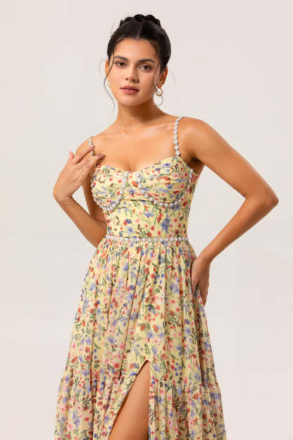 Yellow Chiffon Floral Spaghetti Straps Long Bridesmaid Dress with Slit