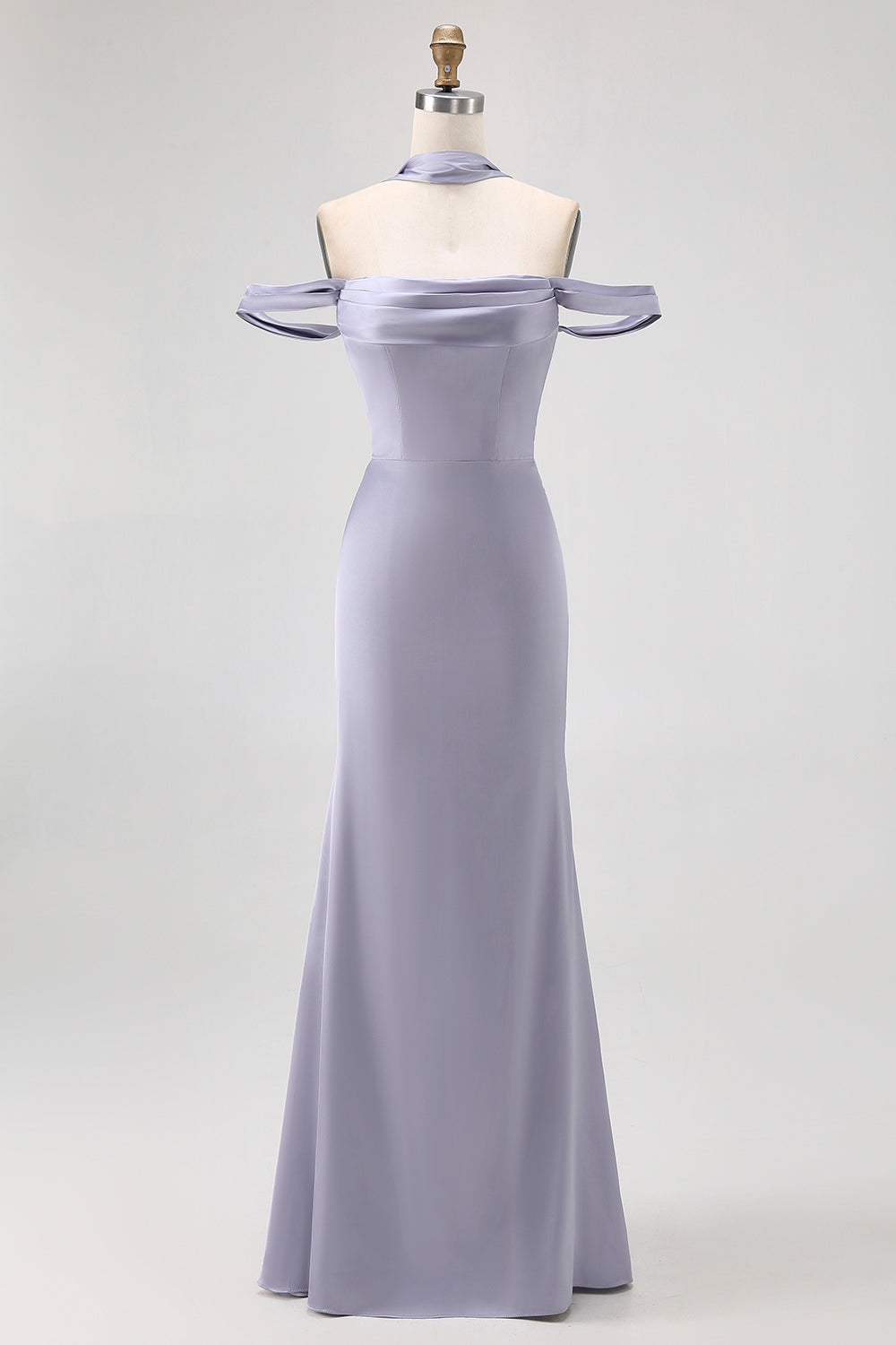 Dusty Blue Satin Long Off the Shoulder Bridesmaid Dress