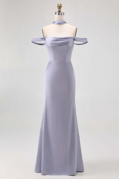 Leely Women Dusty Blue Mermaid Satin Long Bridesmaid Dress with Bow Off the Shoulder Lace Up Back Wedding Guest Dress