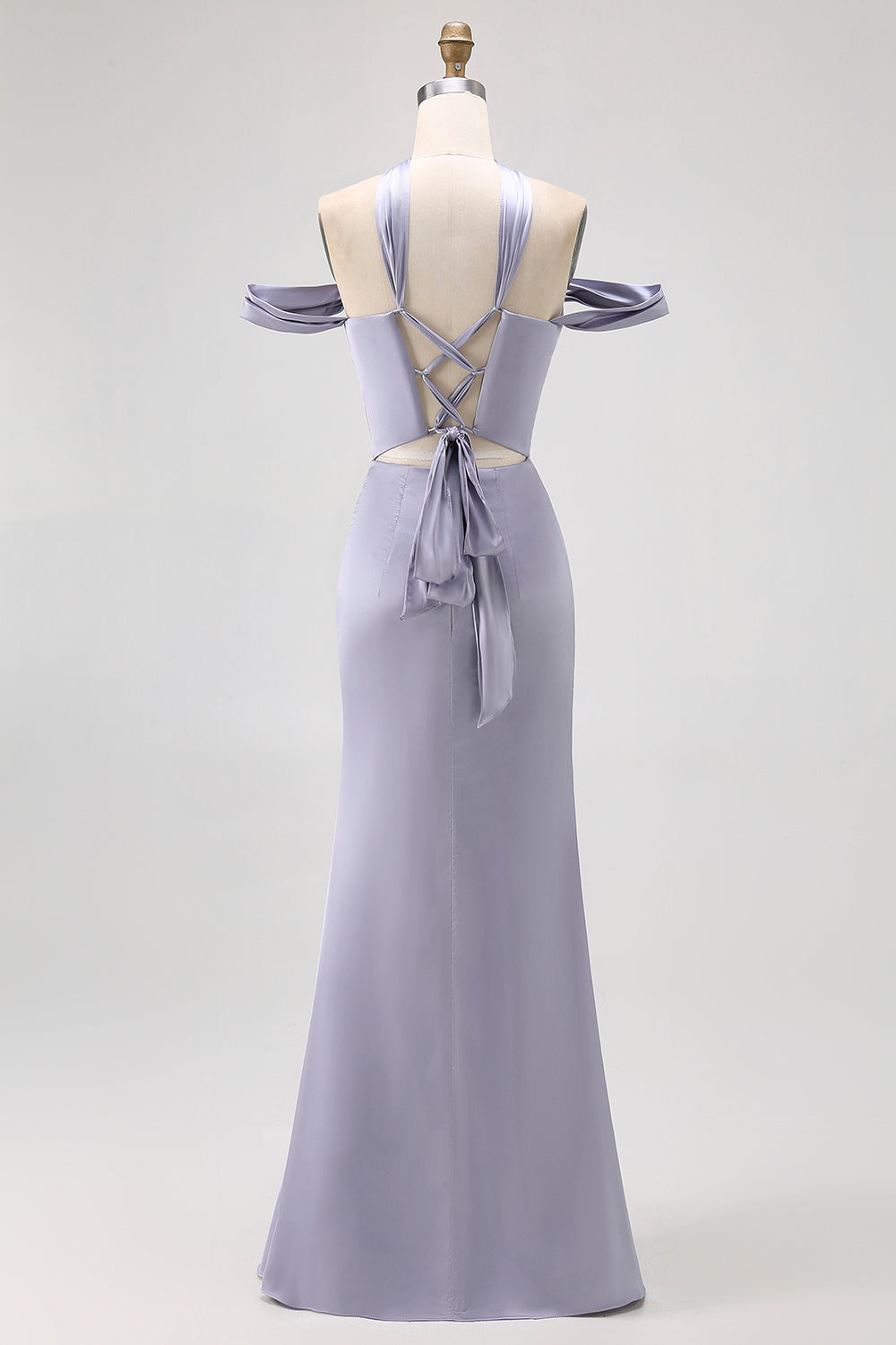 Dusty Blue Satin Long Off the Shoulder Bridesmaid Dress