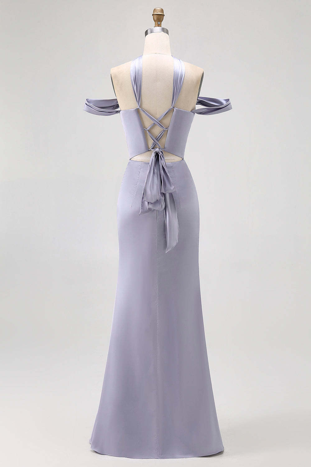 Dusty Blue Satin Long Off the Shoulder Bridesmaid Dress