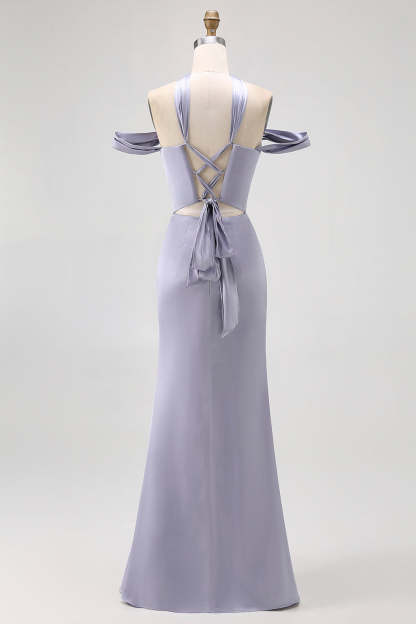 Dusty Blue Satin Long Off the Shoulder Bridesmaid Dress
