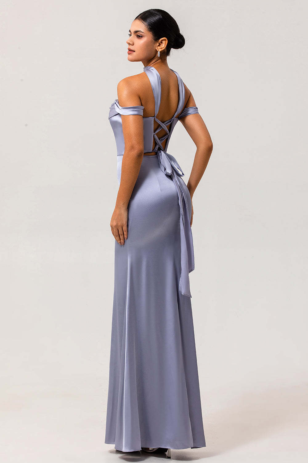 Dusty Blue Satin Mermaid Off the Shoulder Long Bridesmaid Dress