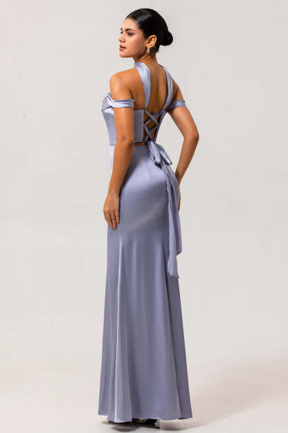 Dusty Blue Satin Mermaid Off the Shoulder Long Bridesmaid Dress
