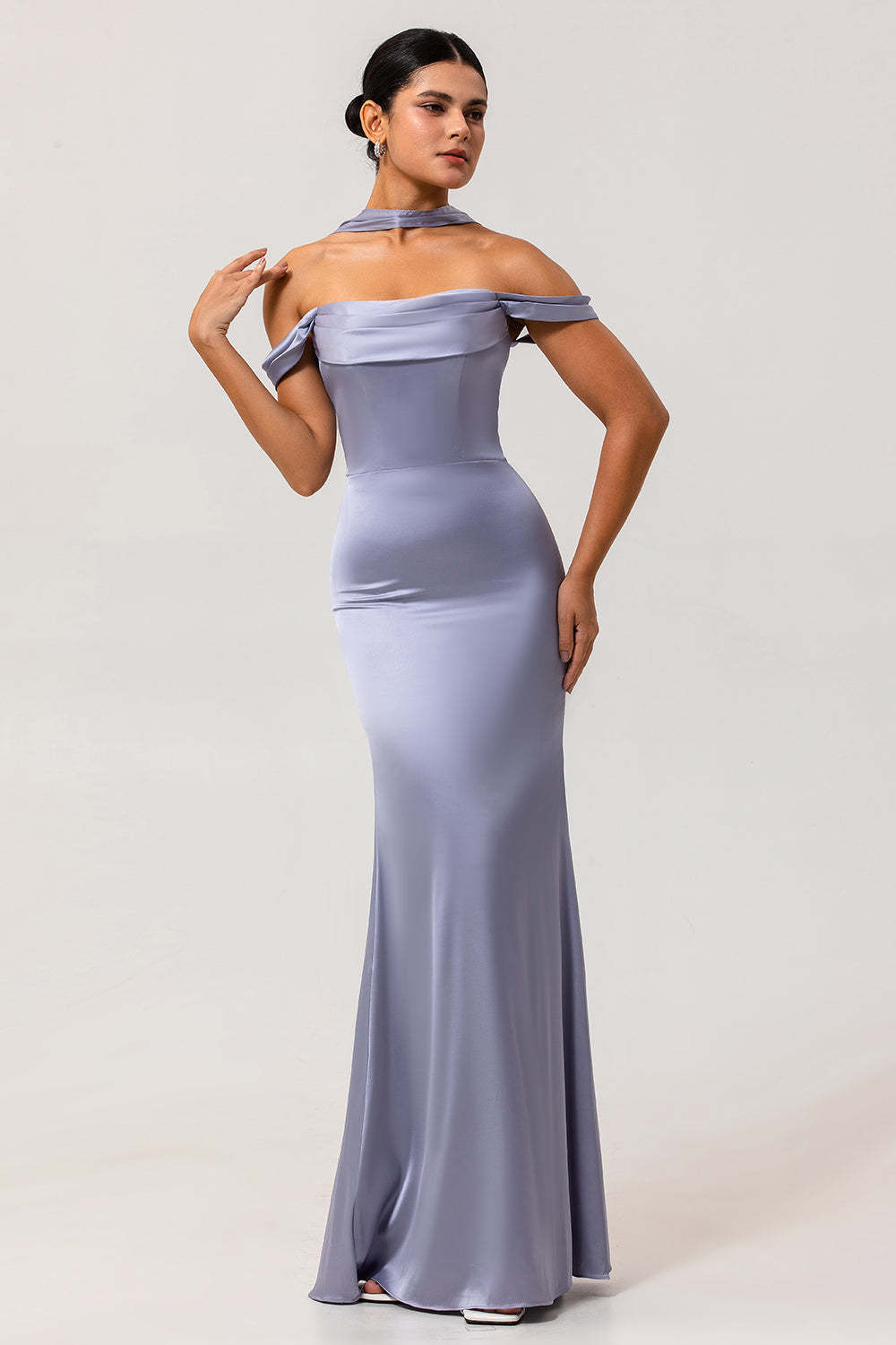 Dusty Blue Satin Mermaid Off the Shoulder Long Bridesmaid Dress