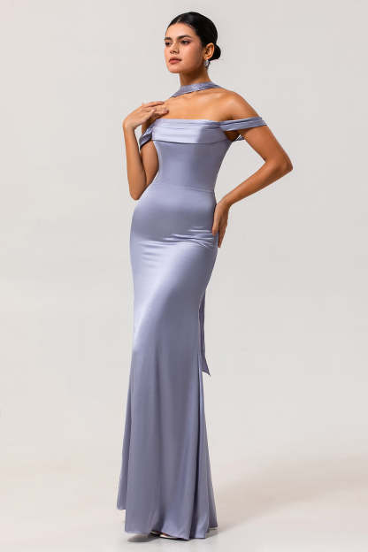 Dusty Blue Satin Mermaid Off the Shoulder Long Bridesmaid Dress