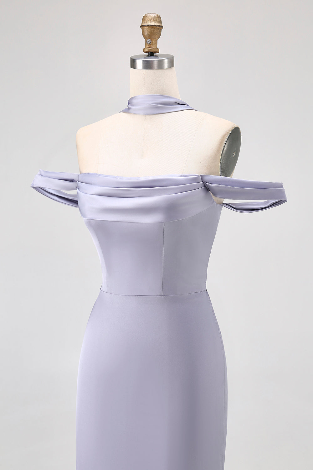 Dusty Blue Satin Long Off the Shoulder Bridesmaid Dress