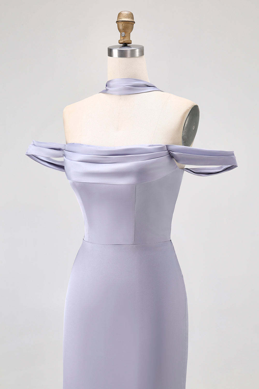 Dusty Blue Satin Long Off the Shoulder Bridesmaid Dress