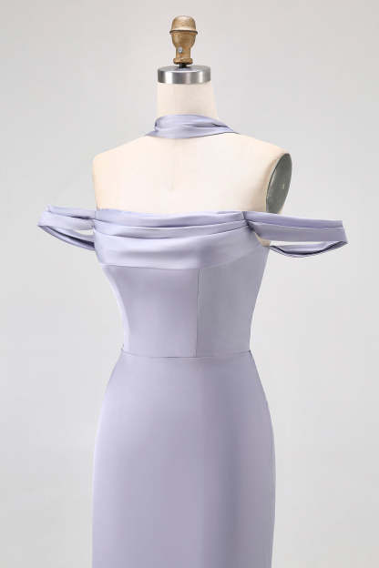 Dusty Blue Satin Long Off the Shoulder Bridesmaid Dress