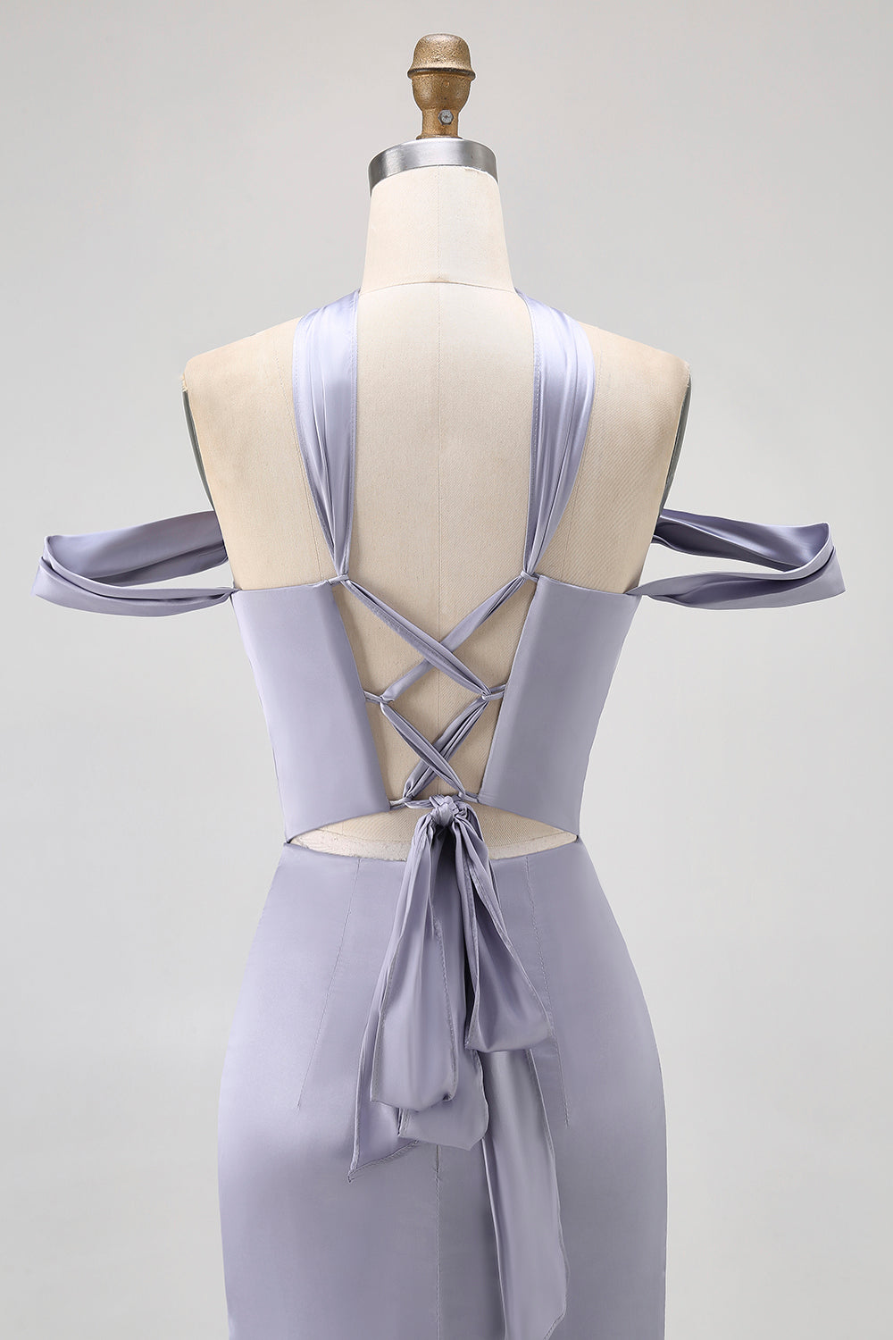 Dusty Blue Satin Long Off the Shoulder Bridesmaid Dress