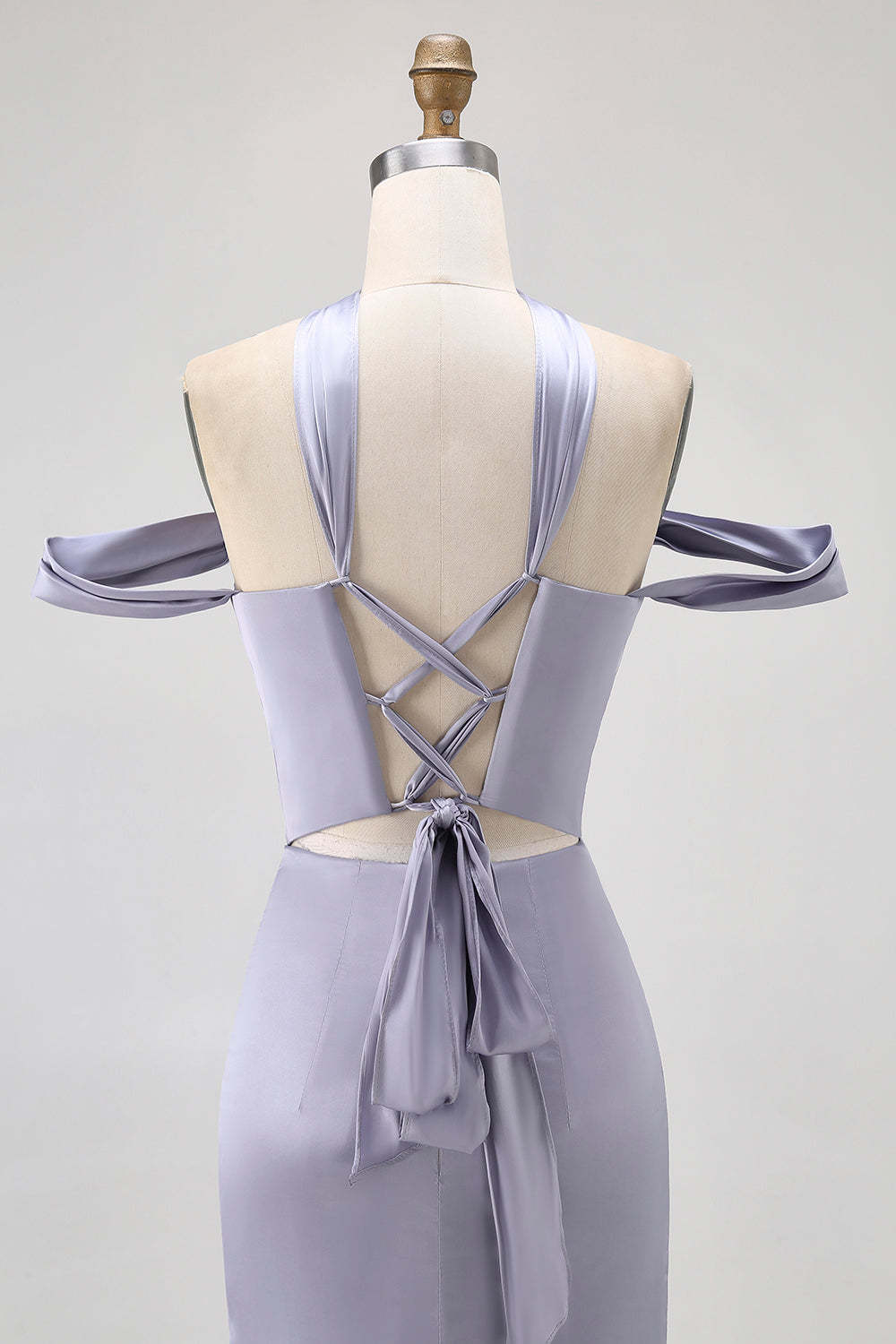 Dusty Blue Satin Long Off the Shoulder Bridesmaid Dress