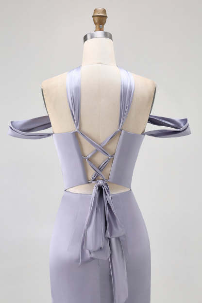 Dusty Blue Satin Long Off the Shoulder Bridesmaid Dress