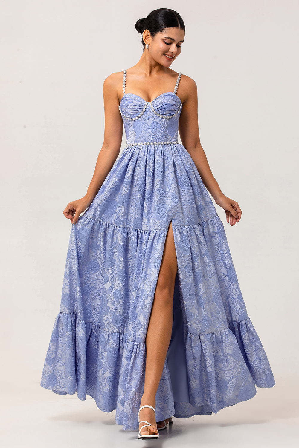 Leely Women Blue Floral Long Bridesmaid Dress with Slit Ruched A Line Spaghetti Straps Jacquard Lace Up Back Wedding Guest Dress with Beading