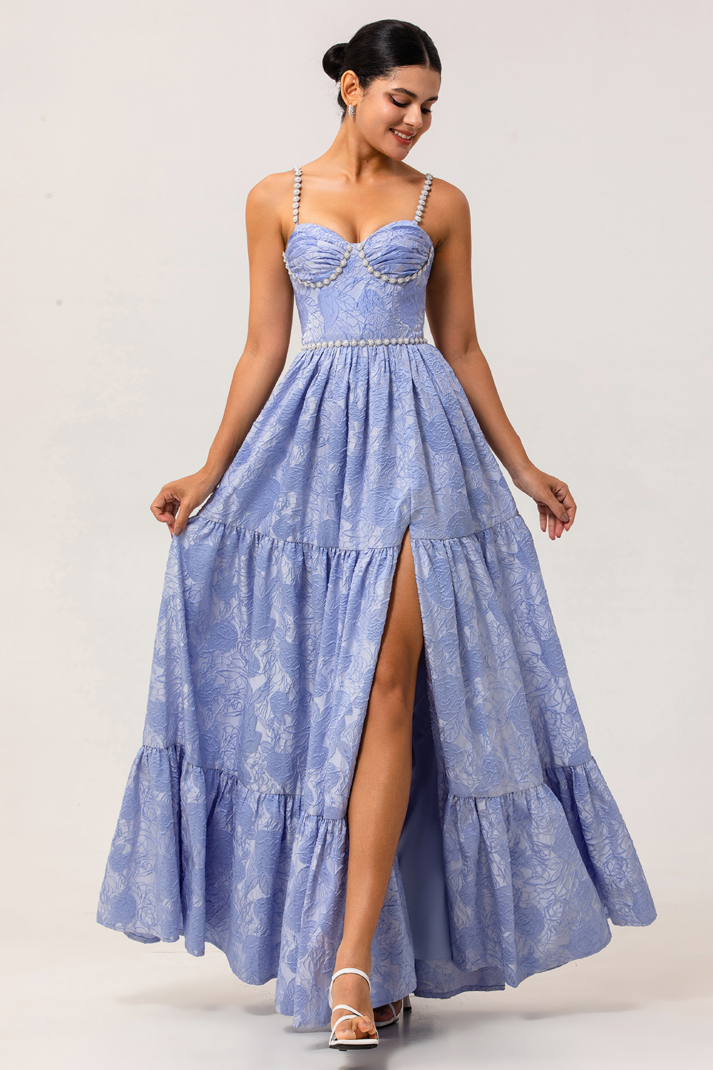 Blue Jacquard Floral Maxi A Line Bridesmaid Dress with Slit