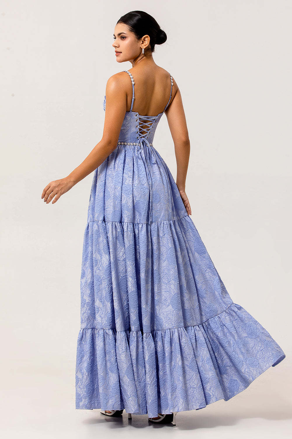 Blue Floral A Line Jacquard Long Bridesmaid Dress with Slit
