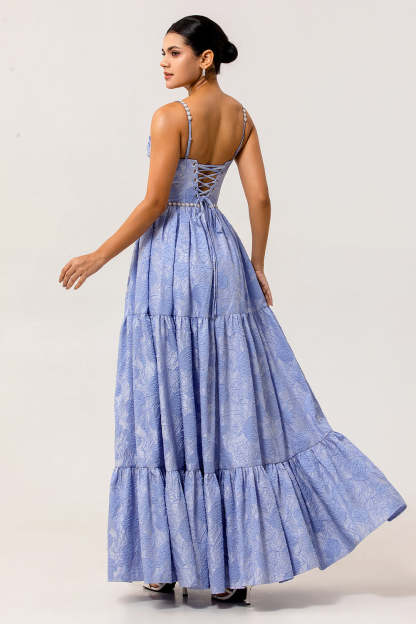Blue Floral A Line Jacquard Long Bridesmaid Dress with Slit