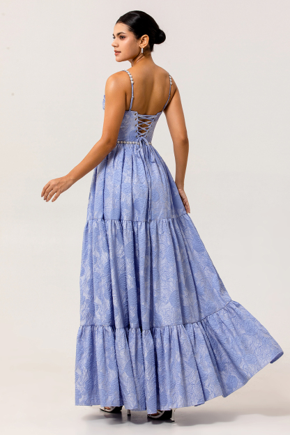 Blue Jacquard Floral Maxi A Line Bridesmaid Dress with Slit