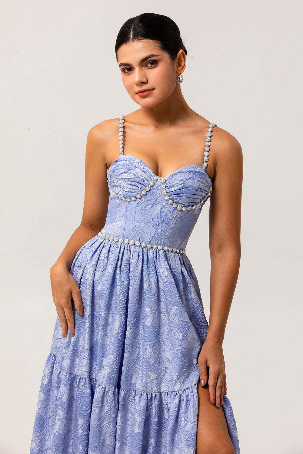 Blue Floral A Line Jacquard Long Bridesmaid Dress with Slit