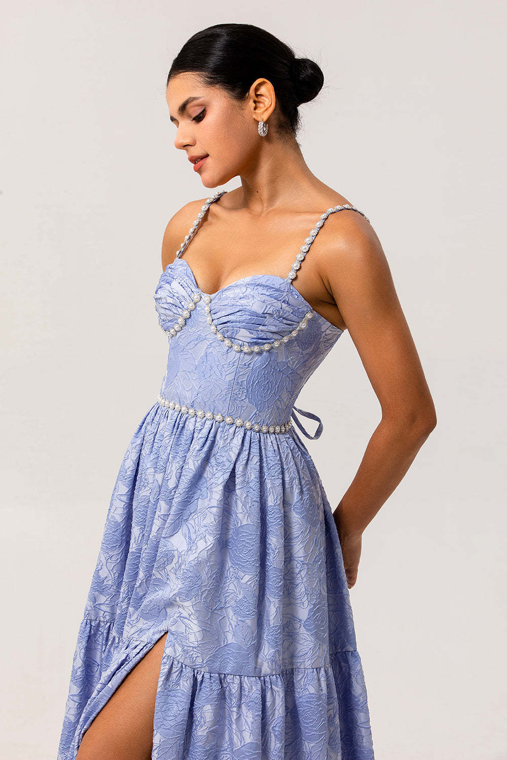 Blue Floral A Line Jacquard Long Bridesmaid Dress with Slit