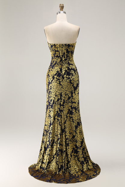 Peacock Green Corset Strapless Long Velvet Bridesmaid Dress with Slit