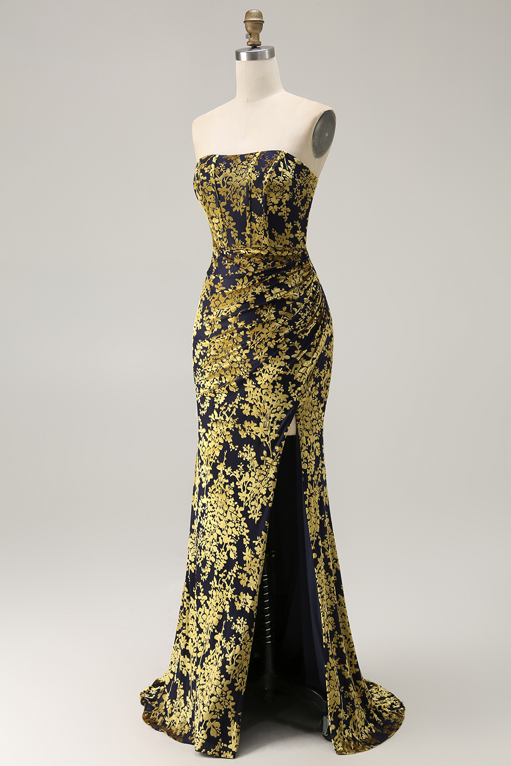 Peacock Green Corset Strapless Long Velvet Bridesmaid Dress with Slit