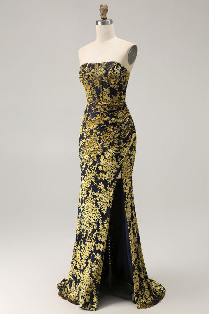 Peacock Green Corset Strapless Long Velvet Bridesmaid Dress with Slit