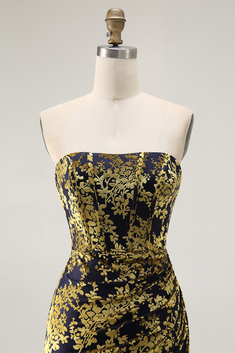 Peacock Green Corset Strapless Long Velvet Bridesmaid Dress with Slit