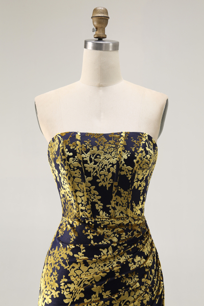 Peacock Green Corset Strapless Long Velvet Bridesmaid Dress with Slit