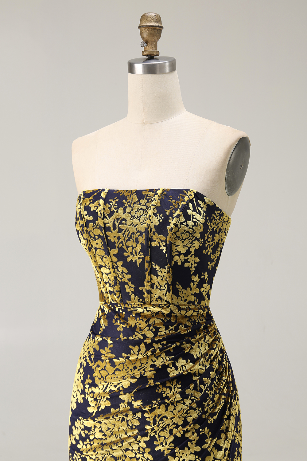 Peacock Green Corset Strapless Long Velvet Bridesmaid Dress with Slit