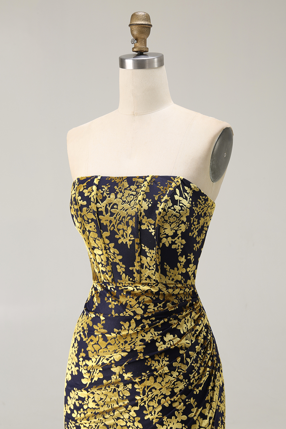 Peacock Green Corset Strapless Long Velvet Bridesmaid Dress with Slit