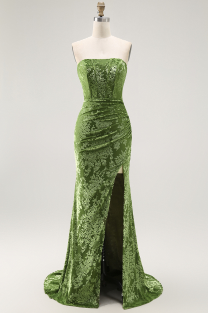 Peacock Green Corset Strapless Long Velvet Bridesmaid Dress with Slit