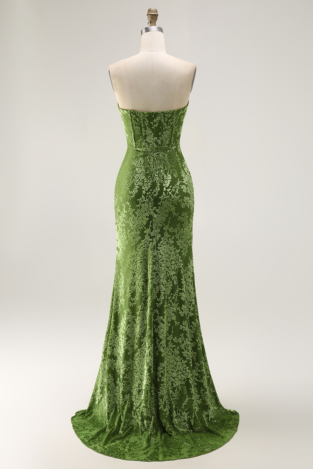 Peacock Green Corset Strapless Long Velvet Bridesmaid Dress with Slit