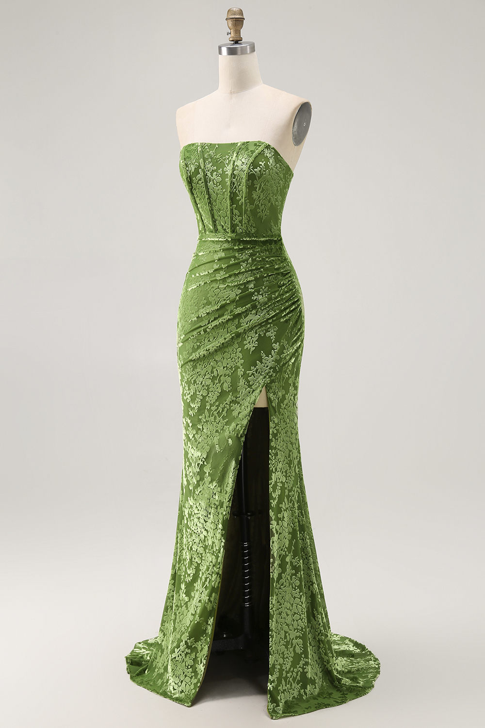 Peacock Green Corset Strapless Long Velvet Bridesmaid Dress with Slit