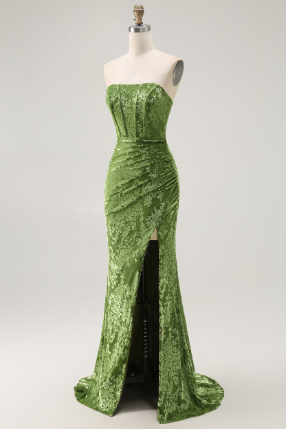Peacock Green Corset Strapless Long Velvet Bridesmaid Dress with Slit