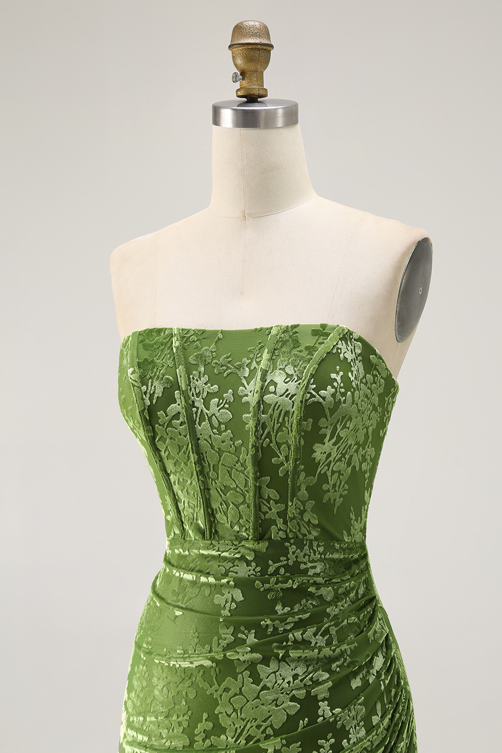 Peacock Green Corset Strapless Long Velvet Bridesmaid Dress with Slit