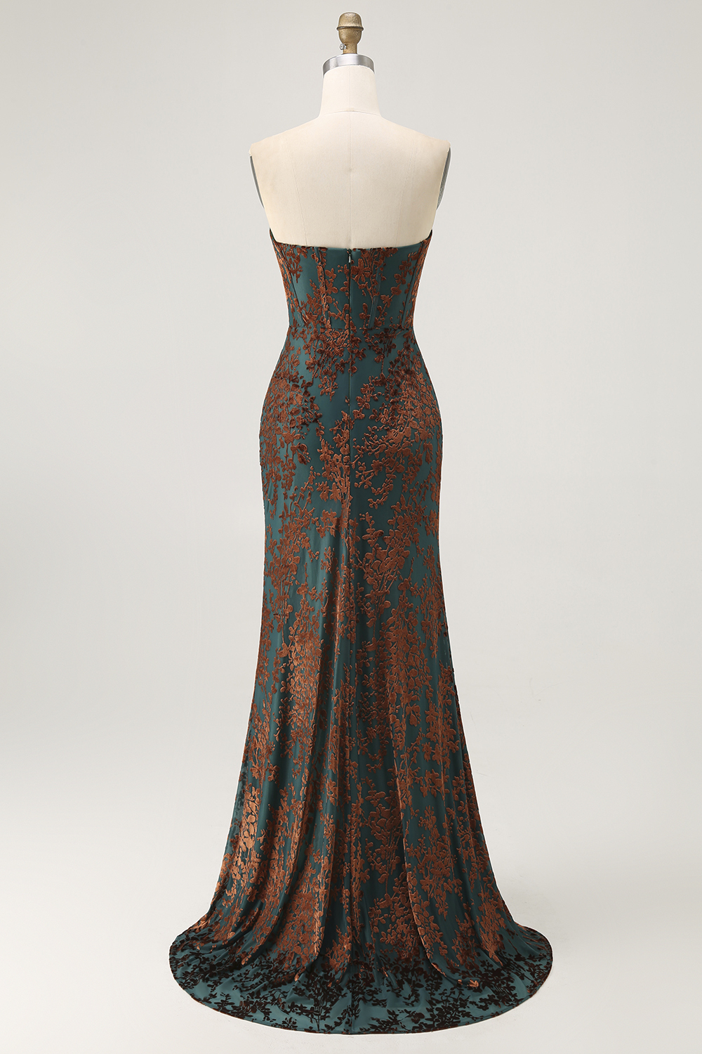 Peacock Green Corset Strapless Long Velvet Bridesmaid Dress with Slit