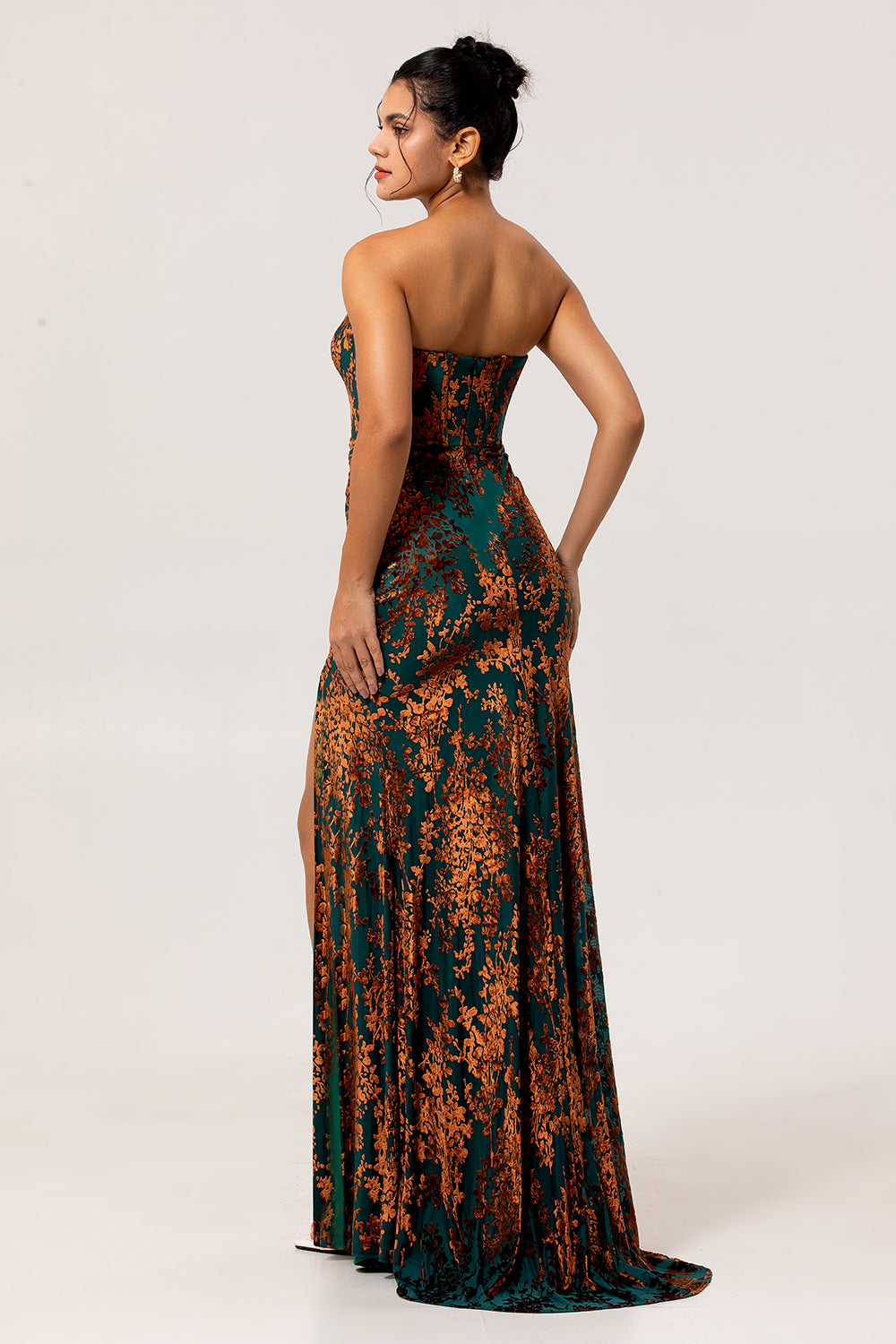 Peacock Green Corset Strapless Long Velvet Bridesmaid Dress with Slit