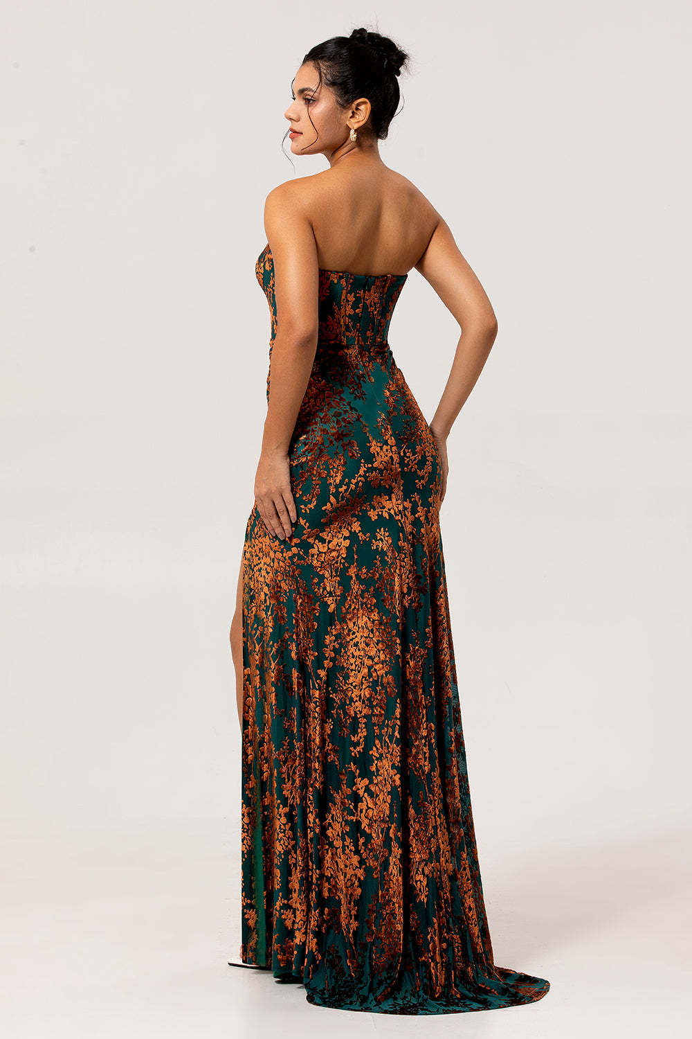 Peacock Green Corset Strapless Long Velvet Bridesmaid Dress with Slit